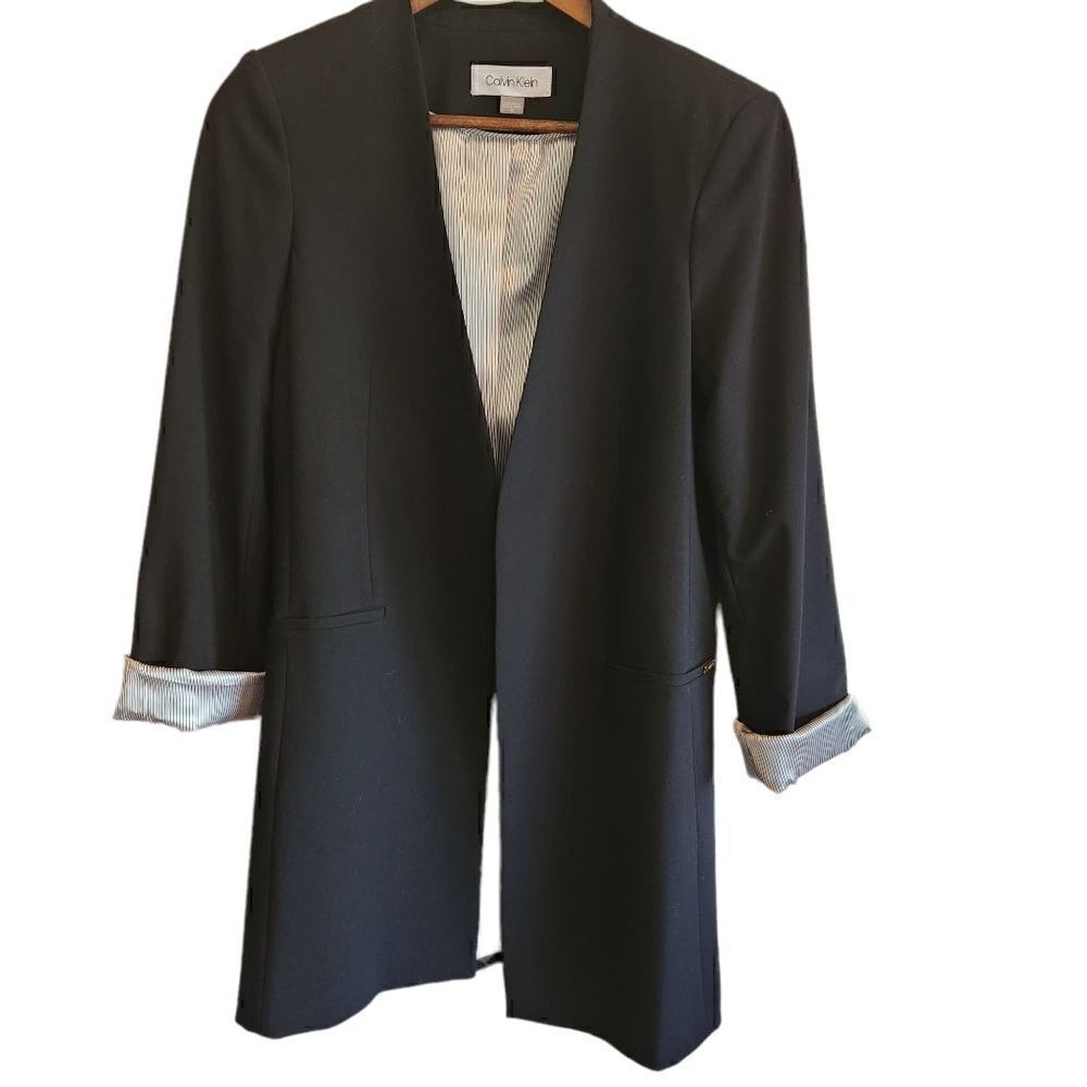 CALVIN Klein Contrast Lining Long Roll Tab Sleeve Open Front Jacket Size 10